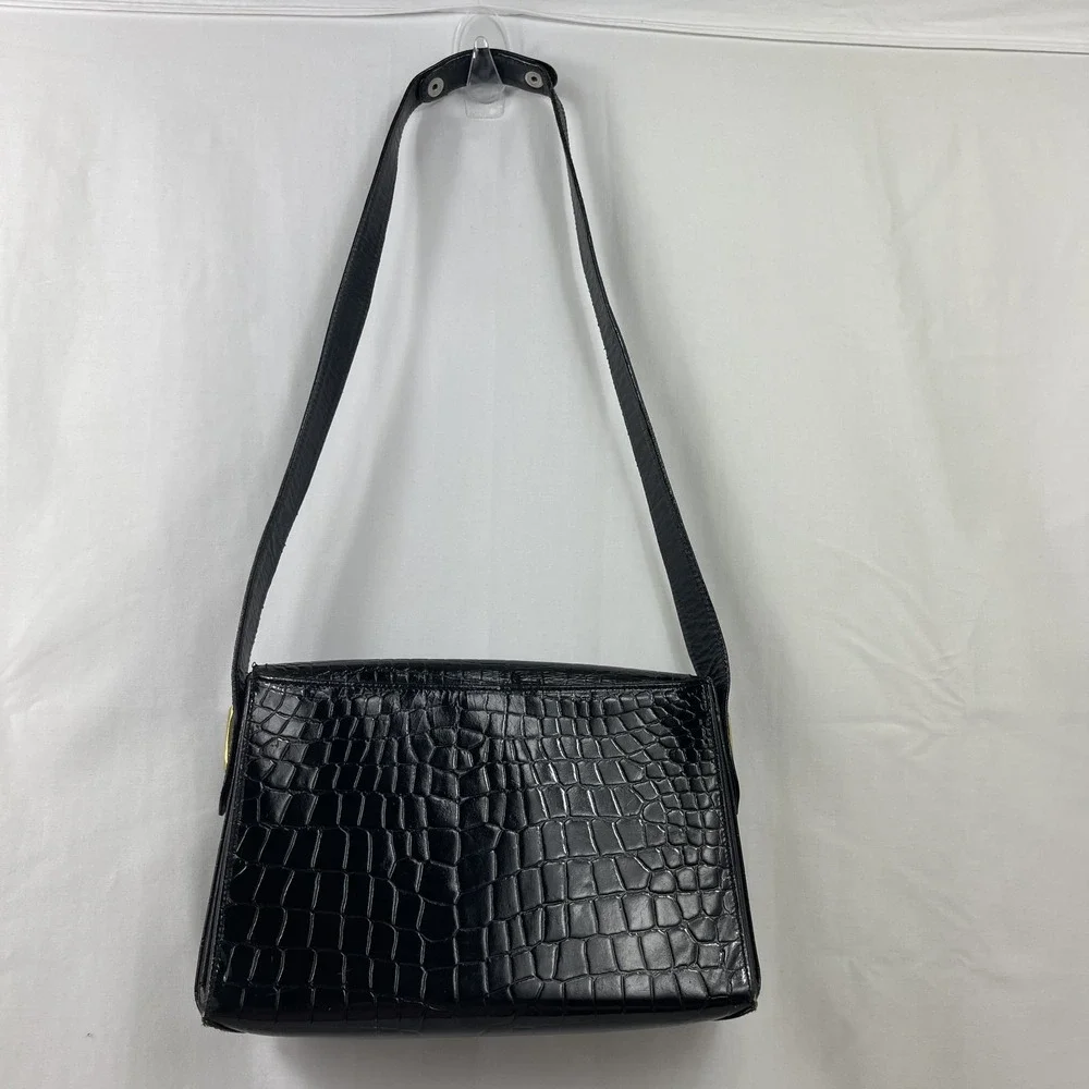 Vintage Crocodile Leather Handbag with ,Gold Hardware,Leather Inside, Black‎
